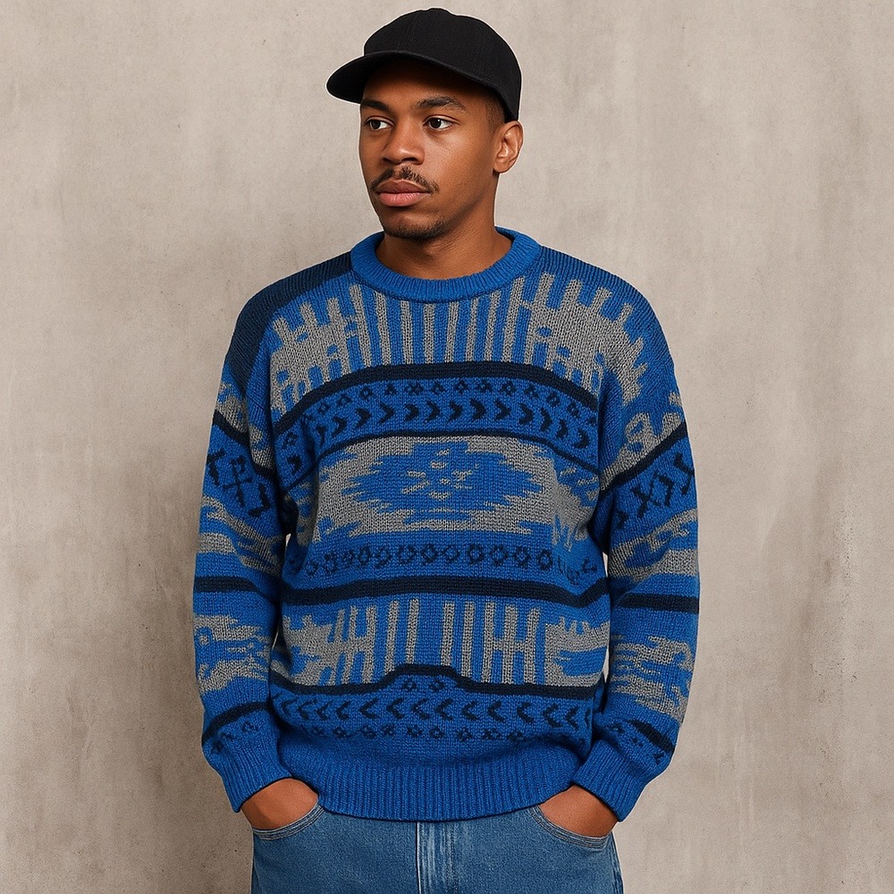 Vintage 80s 90s SATURDAYS Sweater Blue Gray Geometric Aztec Knit Retro Cosby‎ M